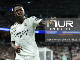 Vinicius Junior left winger of Real Madrid and Brazil reacts during the UEFA Champions League 2024/25 League Phase MD1 match between Real Ma...