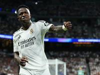 Vinicius Junior left winger of Real Madrid and Brazil reacts during the UEFA Champions League 2024/25 League Phase MD1 match between Real Ma...