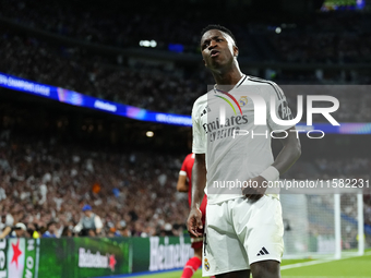 Vinicius Junior left winger of Real Madrid and Brazil reacts during the UEFA Champions League 2024/25 League Phase MD1 match between Real Ma...