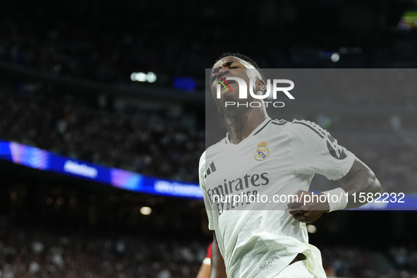 Vinicius Junior left winger of Real Madrid and Brazil reacts during the UEFA Champions League 2024/25 League Phase MD1 match between Real Ma...