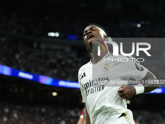 Vinicius Junior left winger of Real Madrid and Brazil reacts during the UEFA Champions League 2024/25 League Phase MD1 match between Real Ma...