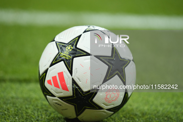 Mathc ball during the UEFA Champions League 2024/25 League Phase MD1 match between Real Madrid C.F. and VfB Stuttgart at Estadio Santiago Be...