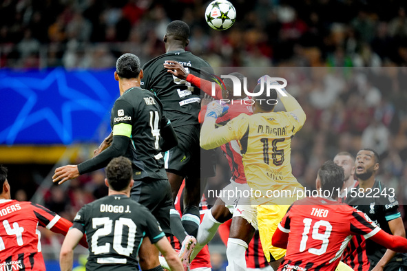 Ibrahima Konate' of Liverpool FC scores first goal during the UEFA Champions League 2024/25 League Phase MD1 match between AC Milan and Live...