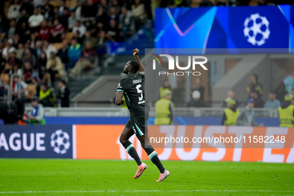 Ibrahima Konate' of Liverpool FC celebrates after scoring first goal during the UEFA Champions League 2024/25 League Phase MD1 match between...