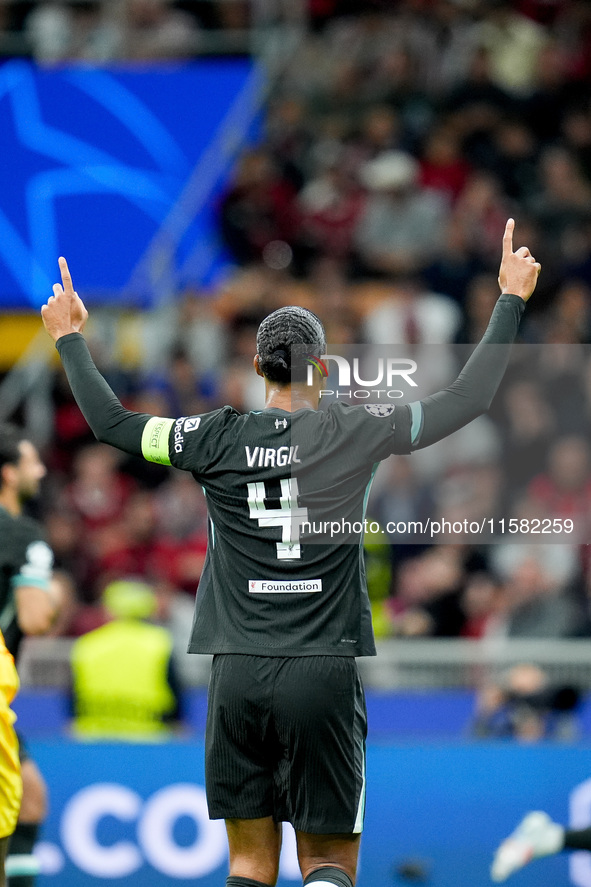 Virgil van Dijk of Liverpool FC celebrates during the UEFA Champions League 2024/25 League Phase MD1 match between AC Milan and Liverpool FC...