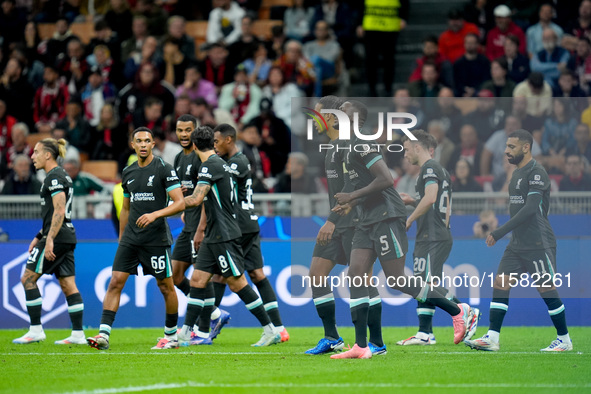 Ibrahima Konate' of Liverpool FC celebrates after scoring first goal during the UEFA Champions League 2024/25 League Phase MD1 match between...