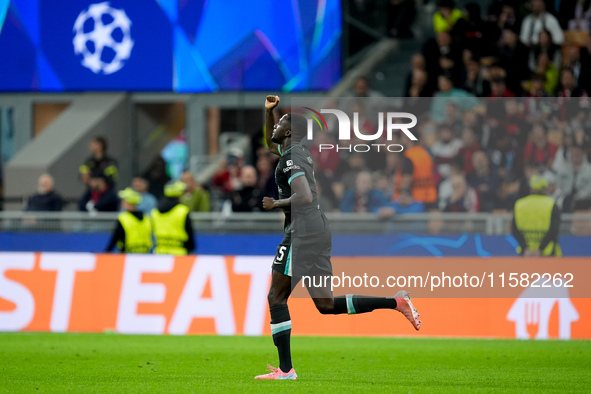 Ibrahima Konate' of Liverpool FC celebrates after scoring first goal during the UEFA Champions League 2024/25 League Phase MD1 match between...