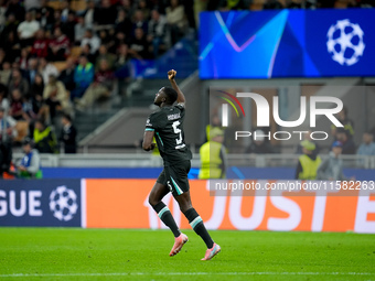 Ibrahima Konate' of Liverpool FC celebrates after scoring first goal during the UEFA Champions League 2024/25 League Phase MD1 match between...