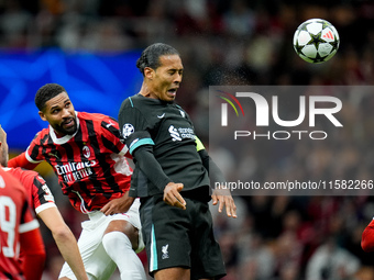 Virgil van Dijk of Liverpool FC scores second goal during the UEFA Champions League 2024/25 League Phase MD1 match between AC Milan and Live...