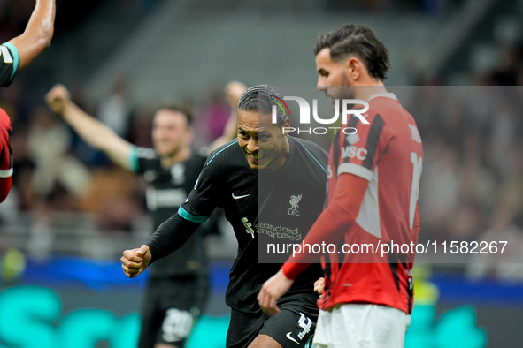 Virgil van Dijk of Liverpool FC celebrates after scoring second goal during the UEFA Champions League 2024/25 League Phase MD1 match between...