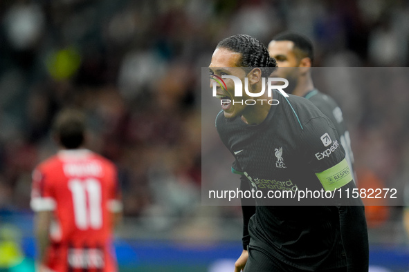 Virgil van Dijk of Liverpool FC celebrates after scoring second goal during the UEFA Champions League 2024/25 League Phase MD1 match between...