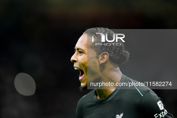 Virgil van Dijk of Liverpool FC celebrates after scoring second goal during the UEFA Champions League 2024/25 League Phase MD1 match between...