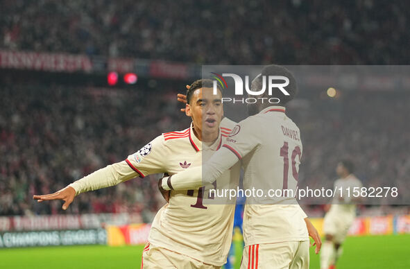 Jamal Musiala of Bayern Munich    celebrate  during the Champions League Round 1 match between Bayern Munich v Dinamo Zagreb, at the Allianz...