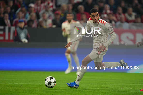 Jamal Musiala of Bayern Munich    controls the ball  during the Champions League Round 1 match between Bayern Munich v Dinamo Zagreb, at the...