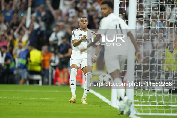 Kylian Mbappe centre-forward of Real Madrid and France celebrates after scoring his sides first goal during the UEFA Champions League 2024/2...