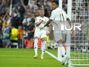 Kylian Mbappe centre-forward of Real Madrid and France celebrates after scoring his sides first goal during the UEFA Champions League 2024/2...