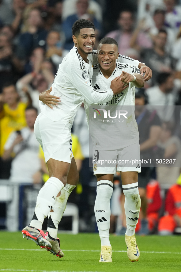 Kylian Mbappe centre-forward of Real Madrid and France celebrates after scoring his sides first goal during the UEFA Champions League 2024/2...