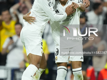 Kylian Mbappe centre-forward of Real Madrid and France celebrates after scoring his sides first goal during the UEFA Champions League 2024/2...