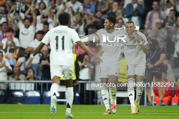 Kylian Mbappe centre-forward of Real Madrid and France celebrates after scoring his sides first goal during the UEFA Champions League 2024/2...