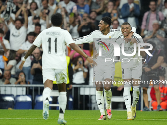 Kylian Mbappe centre-forward of Real Madrid and France celebrates after scoring his sides first goal during the UEFA Champions League 2024/2...