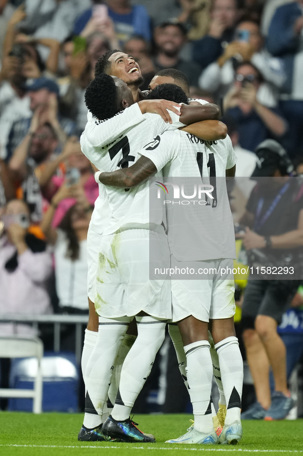 Kylian Mbappe centre-forward of Real Madrid and France celebrates after scoring his sides first goal during the UEFA Champions League 2024/2...