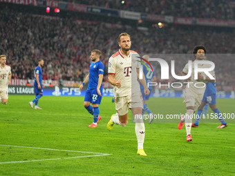 Harry Kane of Bayern Munich    celebrates  the teams first goal  during the Champions League Round 1 match between Bayern Munich v Dinamo Za...