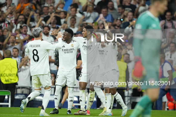 Kylian Mbappe centre-forward of Real Madrid and France celebrates after scoring his sides first goal during the UEFA Champions League 2024/2...