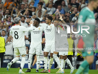 Kylian Mbappe centre-forward of Real Madrid and France celebrates after scoring his sides first goal during the UEFA Champions League 2024/2...