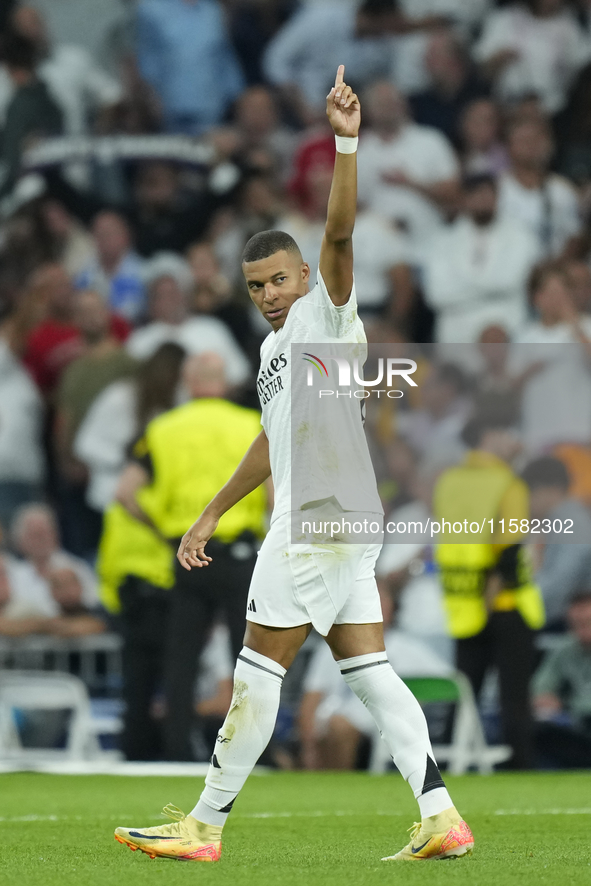 Kylian Mbappe centre-forward of Real Madrid and France celebrates after scoring his sides first goal during the UEFA Champions League 2024/2...