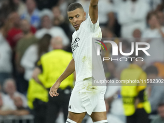 Kylian Mbappe centre-forward of Real Madrid and France celebrates after scoring his sides first goal during the UEFA Champions League 2024/2...