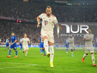 Harry Kane of Bayern Munich    celebrates  the teams first goal  during the Champions League Round 1 match between Bayern Munich v Dinamo Za...