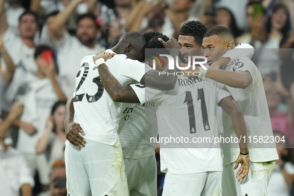 Kylian Mbappe centre-forward of Real Madrid and France celebrates after scoring his sides first goal during the UEFA Champions League 2024/2...