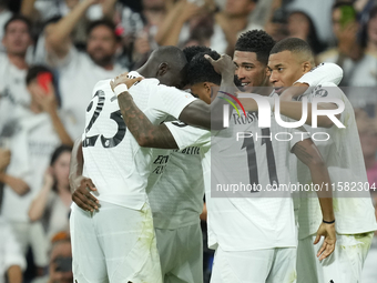 Kylian Mbappe centre-forward of Real Madrid and France celebrates after scoring his sides first goal during the UEFA Champions League 2024/2...