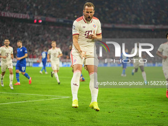 Harry Kane of Bayern Munich    celebrates  the teams first goal  during the Champions League Round 1 match between Bayern Munich v Dinamo Za...