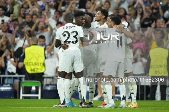 Kylian Mbappe centre-forward of Real Madrid and France celebrates after scoring his sides first goal during the UEFA Champions League 2024/2...