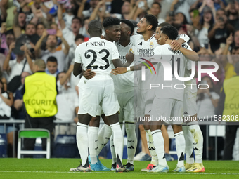 Kylian Mbappe centre-forward of Real Madrid and France celebrates after scoring his sides first goal during the UEFA Champions League 2024/2...