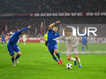 Jamal Musiala of Bayern Munich    controls the ball  during the Champions League Round 1 match between Bayern Munich v Dinamo Zagreb, at the...