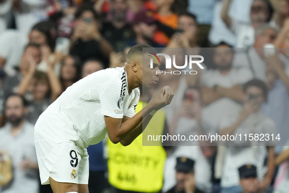 Kylian Mbappe centre-forward of Real Madrid and France celebrates after scoring his sides first goal during the UEFA Champions League 2024/2...