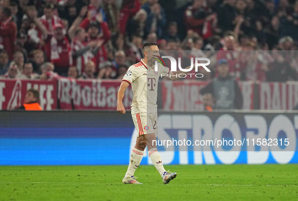 Raphaël Guerreiro of Bayern Munich    celebrates  the second goal  during the Champions League Round 1 match between Bayern Munich v Dinamo...