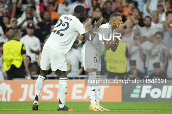 Kylian Mbappe centre-forward of Real Madrid and France celebrates after scoring his sides first goal during the UEFA Champions League 2024/2...