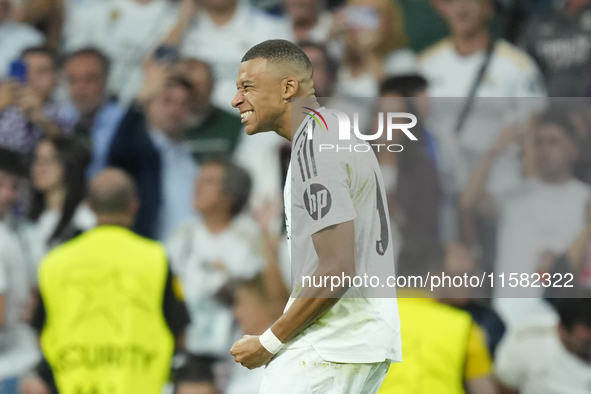 Kylian Mbappe centre-forward of Real Madrid and France celebrates after scoring his sides first goal during the UEFA Champions League 2024/2...