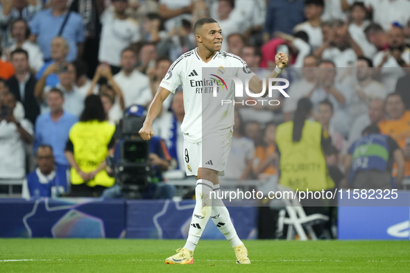 Kylian Mbappe centre-forward of Real Madrid and France celebrates after scoring his sides first goal during the UEFA Champions League 2024/2...