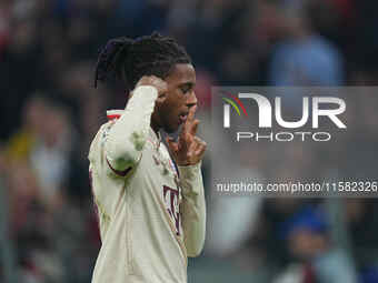 Michael Olise of Bayern Munich    celebrates  the teams third goal  during the Champions League Round 1 match between Bayern Munich v Dinamo...