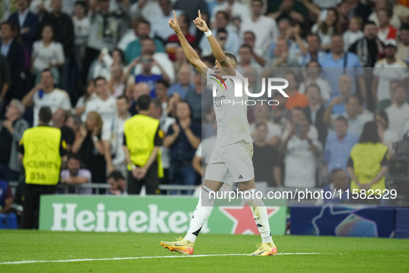 Kylian Mbappe centre-forward of Real Madrid and France celebrates after scoring his sides first goal during the UEFA Champions League 2024/2...