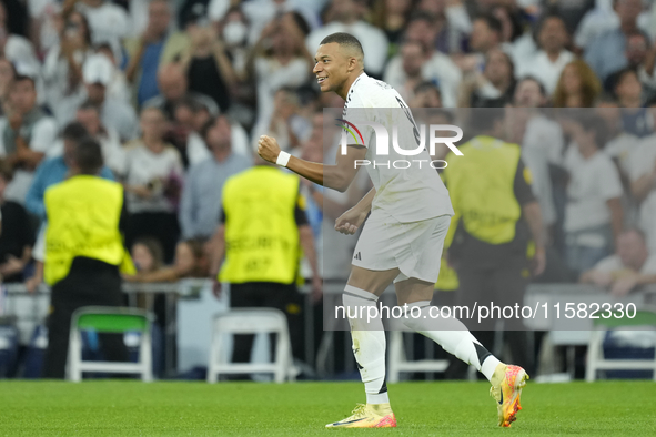 Kylian Mbappe centre-forward of Real Madrid and France celebrates after scoring his sides first goal during the UEFA Champions League 2024/2...