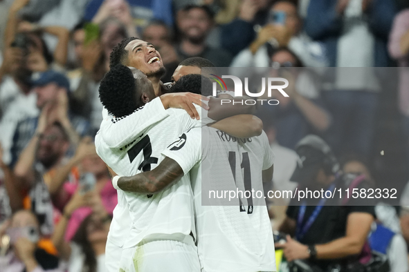 Kylian Mbappe centre-forward of Real Madrid and France celebrates after scoring his sides first goal during the UEFA Champions League 2024/2...