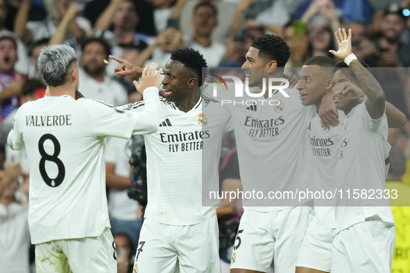 Kylian Mbappe centre-forward of Real Madrid and France celebrates after scoring his sides first goal during the UEFA Champions League 2024/2...