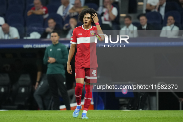 Anrie Chase centre-back of Stuttgart and Japan during the UEFA Champions League 2024/25 League Phase MD1 match between Real Madrid C.F. and...