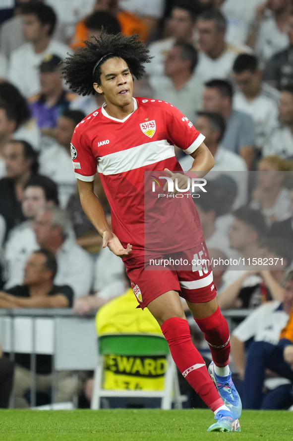 Anrie Chase centre-back of Stuttgart and Japan during the UEFA Champions League 2024/25 League Phase MD1 match between Real Madrid C.F. and...