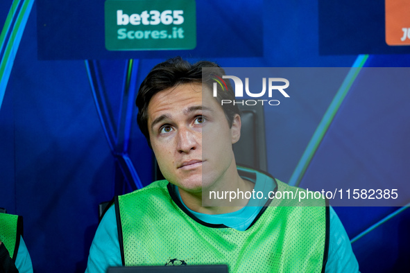 Federico Chiesa of Liverpool FC looks on during the UEFA Champions League 2024/25 League Phase MD1 match between AC Milan and Liverpool FC a...